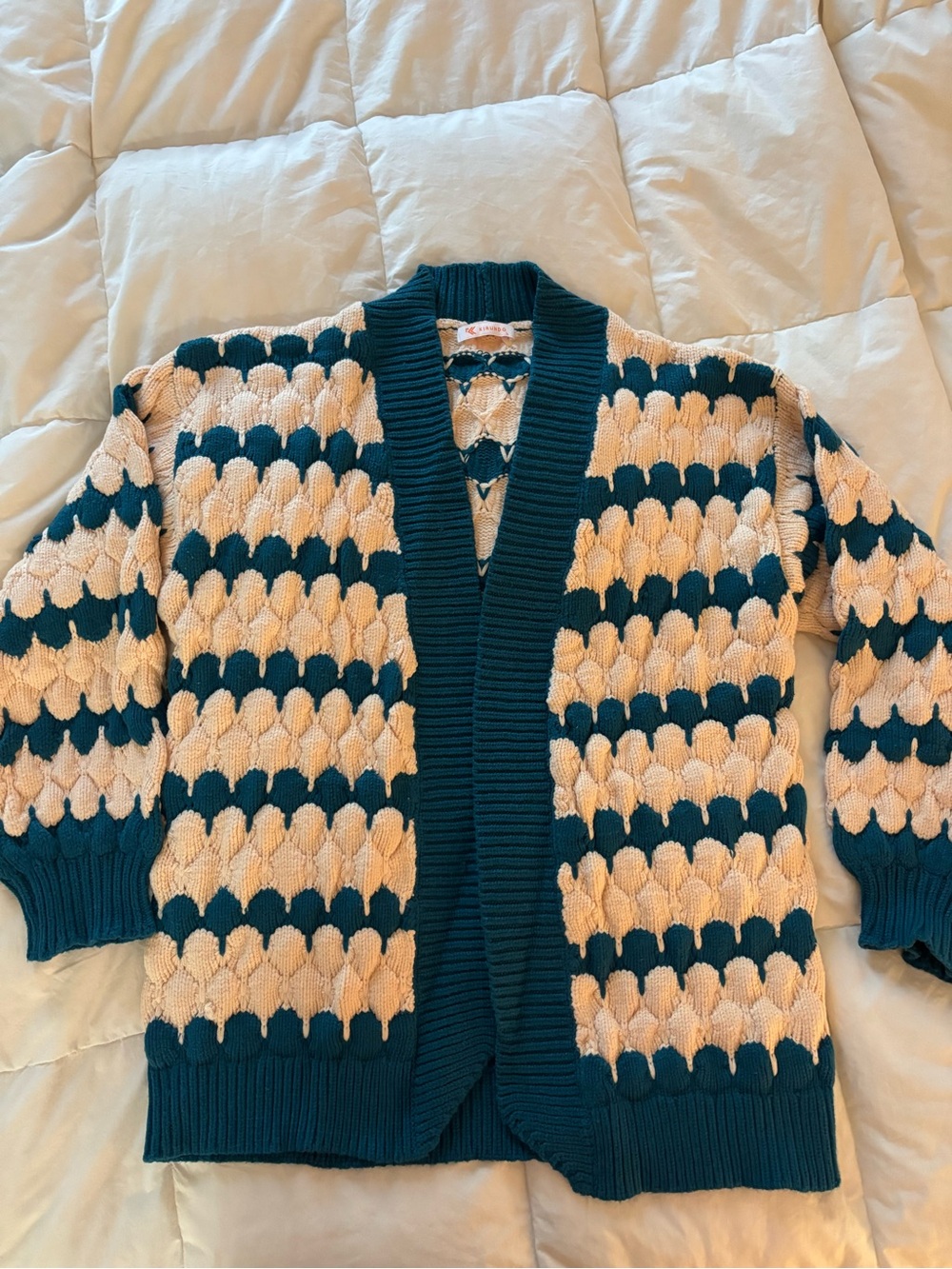Teal and Cream Open-Front Patterned Women's Sweater Cardigan